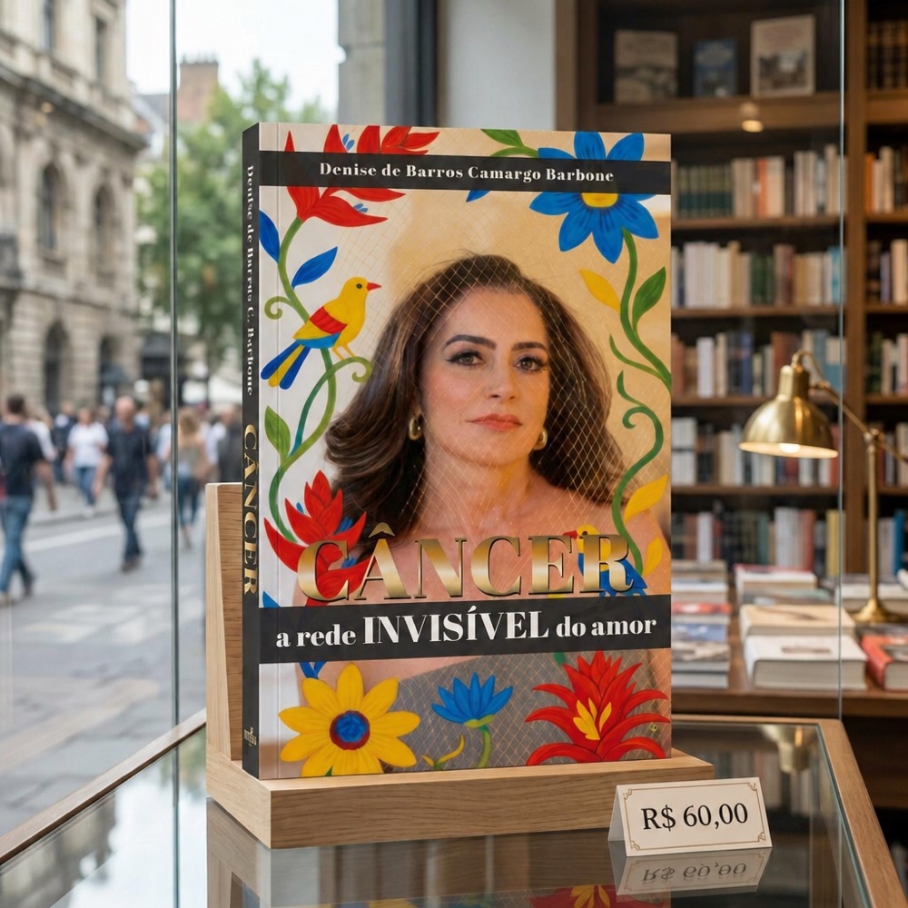 Livro Câncer: A Rede Invisível do Amor exposto em uma vitrine